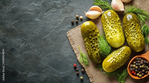 Freshly Prepared Pickles Presented With Herbs and Spices on a Rustic Dark Sur...