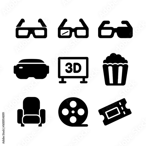 3D Cinema Icons. Solid, filled icon set of 3D glasses: anaglyph glasses, polarized glasses, active shutter glasses, VR headset,