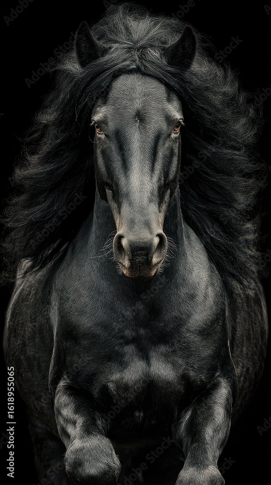 Obraz premium Majestic black horse running with flowing mane against a dark backdrop in a dramatic display of strength and grace