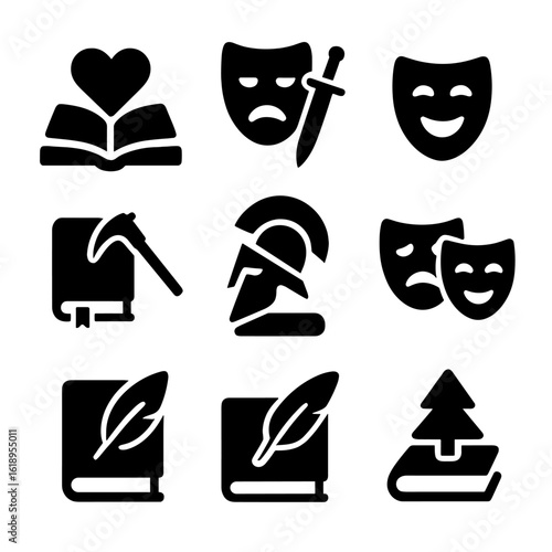Classic Literature Icons. Solid, filled icon set of classic literature book themes: romance, tragedy, comedy, adventure, epic,