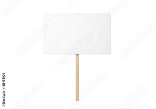 Blank white rectangular protest sign or placard on a wooden stick for rally. Isolated on transparent background, png