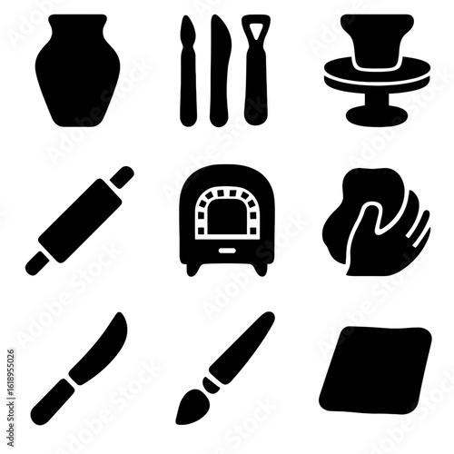 Clay Sculpting Icons. Solid, filled icon set of sculpting and creating art with clay: clay pot, sculpting tools, pottery wheel,