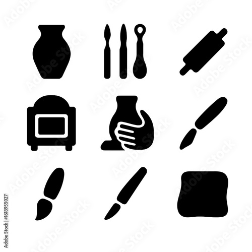 Clay Sculpting Icons. Solid, filled icon set of sculpting and creating art with clay: clay pot, sculpting tools, pottery wheel,