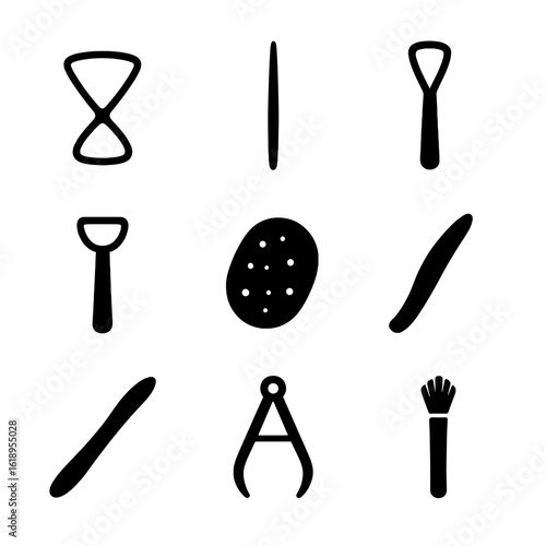 Clay Modeling Tools Icons. Solid, filled icon set of clay modeling tools: wire cutter, needle tool, loop tool, ribbon tool, wooden