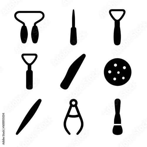 Clay Modeling Tools Icons. Solid, filled icon set of clay modeling tools: wire cutter, needle tool, loop tool, ribbon tool, wooden