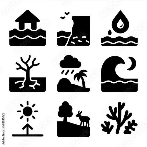 Climate Change Icons. Solid, filled icon set of climate change effects on coastlines: rising sea level, coastal erosion, saltwater