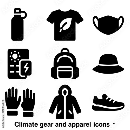 Climate Gear Icons. Solid, filled icon set of climate gear and apparel: reusable water bottle, eco t-shirt, cloth mask, solar