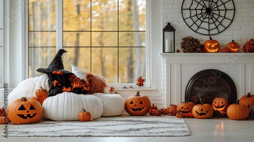 Cozy Autumn Living Room With Pumpkins and Natural Light From Large Windows.