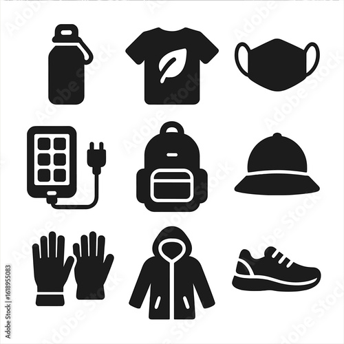Climate Gear Icons. Solid, filled icon set of climate gear and apparel: reusable water bottle, eco t-shirt, cloth mask, solar