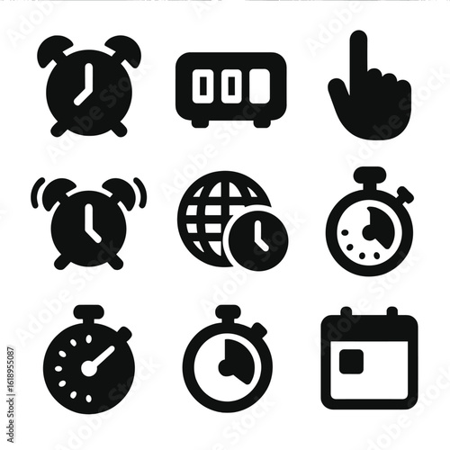 Clock Icons Collection. Solid, filled icon set of alarm clock face: classic alarm clock, digital clock, ticking hand, snooze