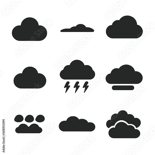 Cloud Icon Grid. Solid, filled icon set of cloud types: fluffy cloud, wispy cloud, grey cloud, puffy cloud, storm cloud, overcast