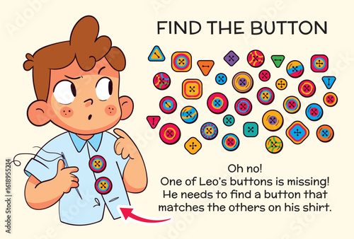 Fun visual puzzle for kids featuring a boy trying to find a matching button. Educational game observation and attention to detail. Perfect for children s books, worksheets, and learning games.