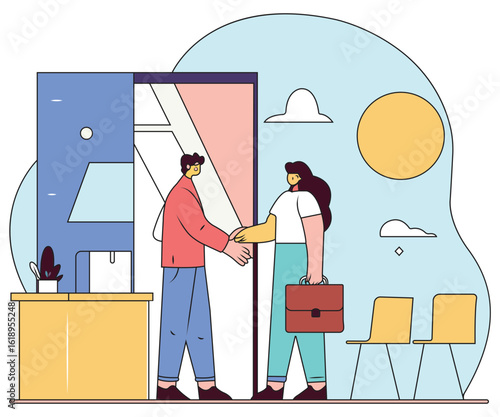 Flat Vector Illustration of Morning Office Scene With Employees Grabbing Coffee and Greeting Each Other Under Soft Sunlight in a Cheerful Minimal Workspace