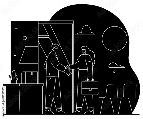 Flat Vector Fill Black Color Illustration of Morning Office Scene With Employees Grabbing Coffee and Greeting Each Other Under Soft Sunlight in a Cheerful Minimal Workspace