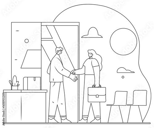 Flat Vector Stroke Black Color Illustration of Morning Office Scene With Employees Grabbing Coffee and Greeting Each Other Under Soft Sunlight in a Cheerful Minimal Workspace