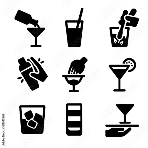 Cocktail Preparation Icons. Solid, filled icon set of cocktail preparation steps: pouring liquor, stirring drink, muddling herbs,