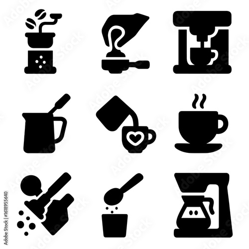 Coffee Preparation Icons. Solid, filled icon set of coffee preparation steps: grinding beans, tamping grounds, extracting espresso