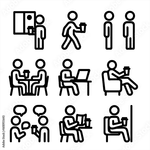Coffee Moments Icons. Solid, filled icon set of coffee to-go cup moments: morning coffee, walking with cup, waiting in line,
