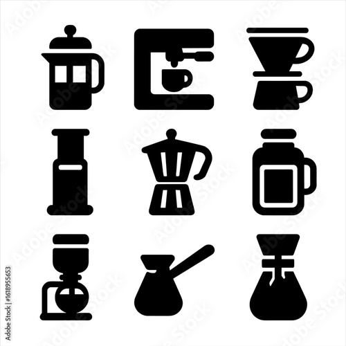 Coffee Brewing Icons. Solid, filled icon set of coffee brewing methods: French press, espresso machine, pour-over dripper,