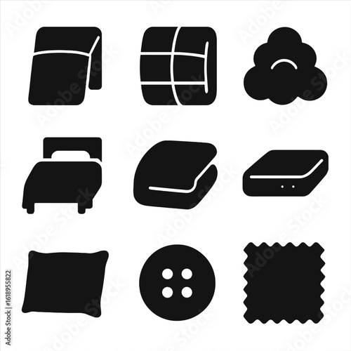 Comforter Icon Grid. Solid, filled icon set of comforters and duvets: duvet cover, comforter, filling, bedspread, blanket,