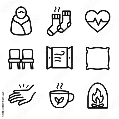 Icons of Comfort. Solid, filled icon set of physical and emotional comfort: blanket wrap, warm socks, heart pulse, two chairs side