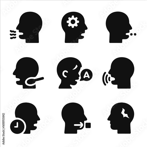Communication Disorders Icons. Solid, filled icon set of communication disorders: stuttering, articulation, apraxia, dysphagia,