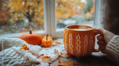 Warm Cup of Cider by a Cozy Window With Autumn Leaves and Pumpkins in a Seren...