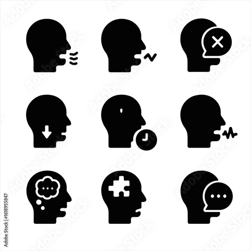 Communication Disorders Icons. Solid, filled icon set of communication disorders: stuttering, articulation, apraxia, dysphagia,