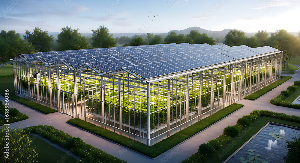 Obraz premium A modern glass greenhouse with integrated solar panels on the roof, cultivating plants in a landscaped setting.