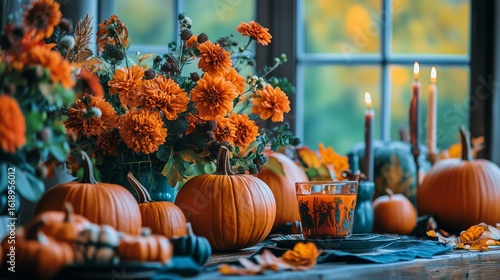 Autumn Harvest Display With Pumpkins, Flowers, and Candles at Golden Hour