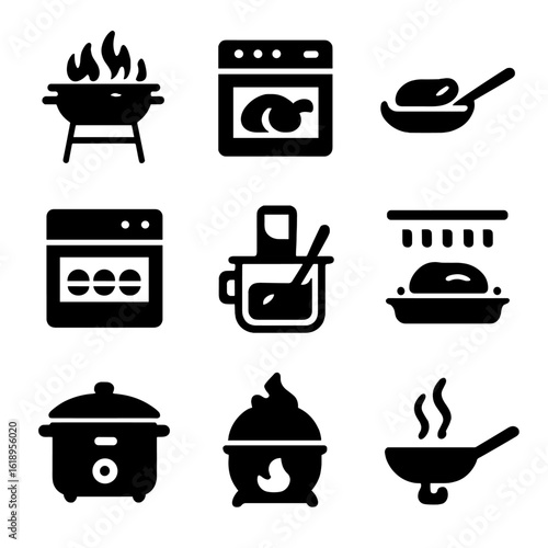 Cooking Method Icons. Solid, filled icon set of cooking methods for succulent meals: grilling, roasting, pan-frying, baking,