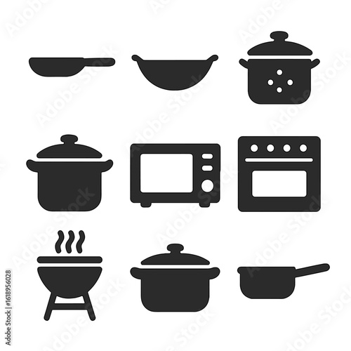 Cooking Method Icons. Solid, filled icon set of cooking methods: frying pan, wok, steamer, pressure cooker, microwave, oven, grill