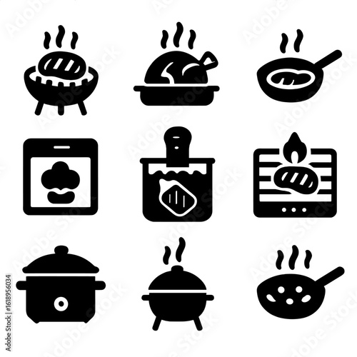 Cooking Method Icons. Solid, filled icon set of cooking methods for succulent meals: grilling, roasting, pan-frying, baking,