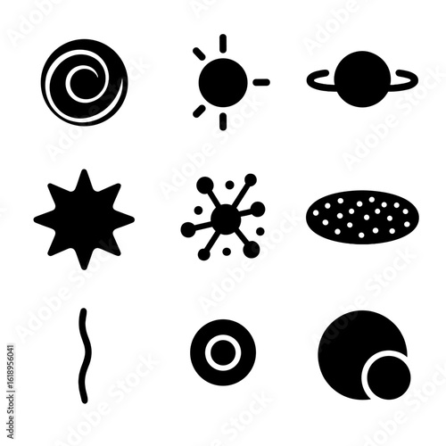 Cosmic Phenomena Icons. Solid, filled icon set of cosmic phenomena: black hole, neutron star, pulsar, supernova, dark matter,