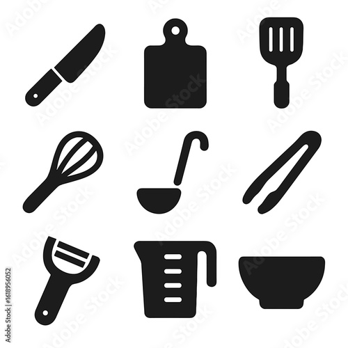 Cooking Utensils Icons. Solid, filled icon set of cooking utensils: chef’s knife, cutting board, spatula, whisk, ladle, tongs,