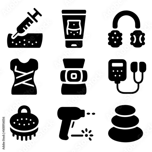 Cosmetic Treatment Icons. Solid, filled icon set of cosmetic body treatments: liposuction syringe, cellulite cream, massage roller