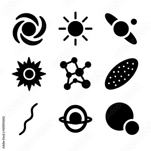 Cosmic Phenomena Icons. Solid, filled icon set of cosmic phenomena: black hole, neutron star, pulsar, supernova, dark matter,