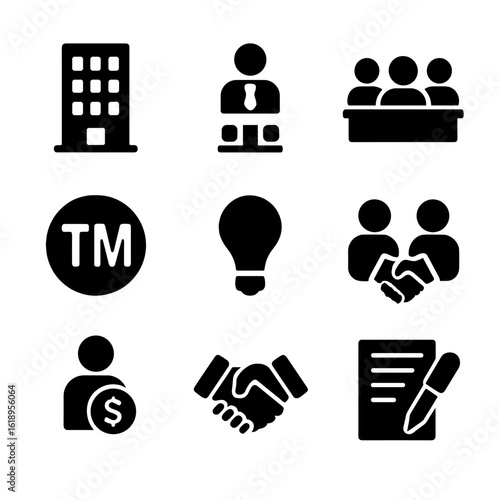 Corporate Law Icons. Solid, filled icon set of Corporate Law: office building, corporation, board of directors, trademark, patent,