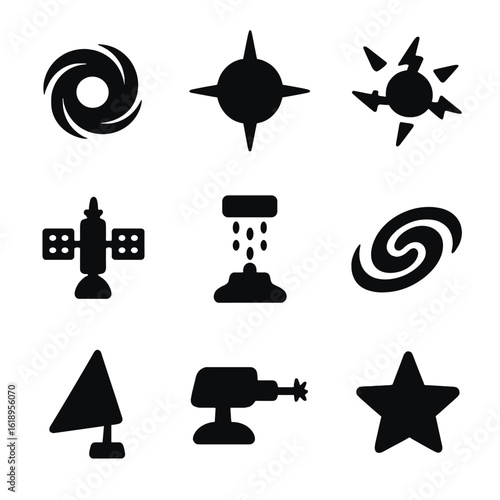 Cosmic Power Icons. Solid, filled icon set of cosmic power sources: black hole, neutron star, cosmic energy, space station, energy