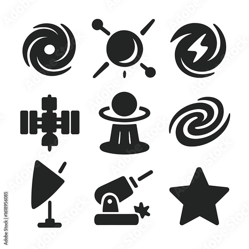 Cosmic Power Icons. Solid, filled icon set of cosmic power sources: black hole, neutron star, cosmic energy, space station, energy