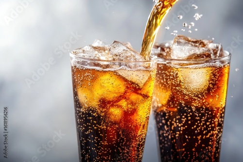 Wallpaper Mural Close-up of cola being poured into two tall glasses with ice and fizz, perfect for beverage commercials, refreshing drink menus, and summer promotional designs Torontodigital.ca