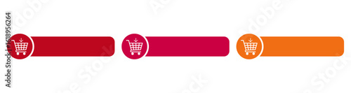 Colorful shopping cart buttons in red, pink, and orange, ready to click for online purchases today.