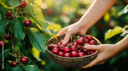 Hands Holding a Bowl of Freshly Picked Cherries in a Sunlit Orchard During Su...