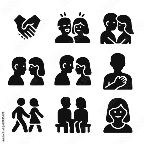 Couple Connection Icons. Solid, filled icon set of couple's connection: intertwined hands, shared laughter, trusting embrace,