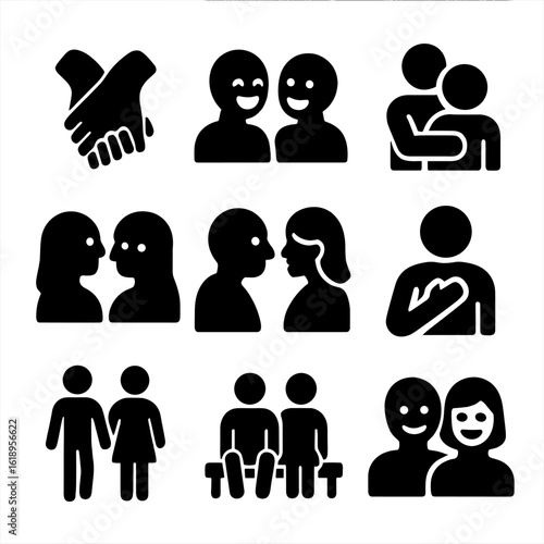 Couple Connection Icons. Solid, filled icon set of couple's connection: intertwined hands, shared laughter, trusting embrace,