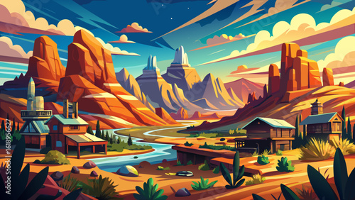 Wild west prairies, western vintage mountains. Concept painting of a beautiful western background. AI. 4k, 8k, panorama.