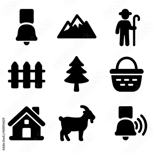 Cowbell Icon Set. Solid, filled icon set of Cow bell in traditional contexts: cow bell, alpine mountain, shepherd, wooden fence,