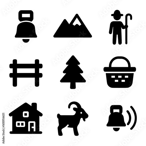 Cowbell Icon Set. Solid, filled icon set of Cow bell in traditional contexts: cow bell, alpine mountain, shepherd, wooden fence,