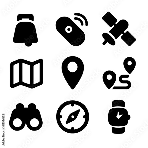 Cow Bell Tracker Icons. Solid, filled icon set of Cow bell and animal tracking: cow bell, GPS tracker, satellite, map, location