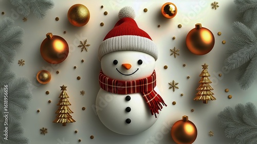 Winter Wonderland Decor With Cheerful Snowman, Festive Ornaments, and Golden ...